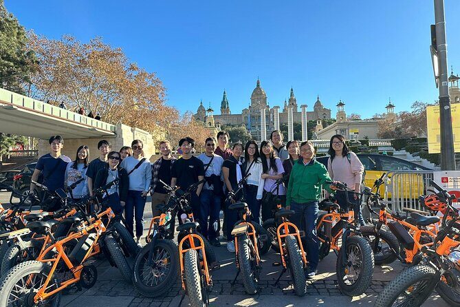 Barcelona bike tour with French guide 20-ТOP, bike/eBike - Plaza Catalunya, pigeons, and the city’s showy side