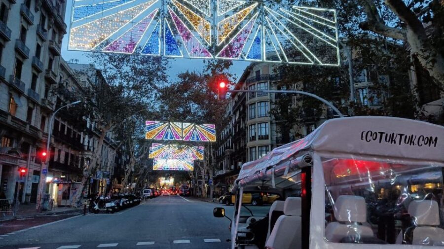 Barcelona: Private Christmas Lights Tour by Eco Tuk Tuk - Casa Batlló at night: seeing Gaudí’s curves through festive glow